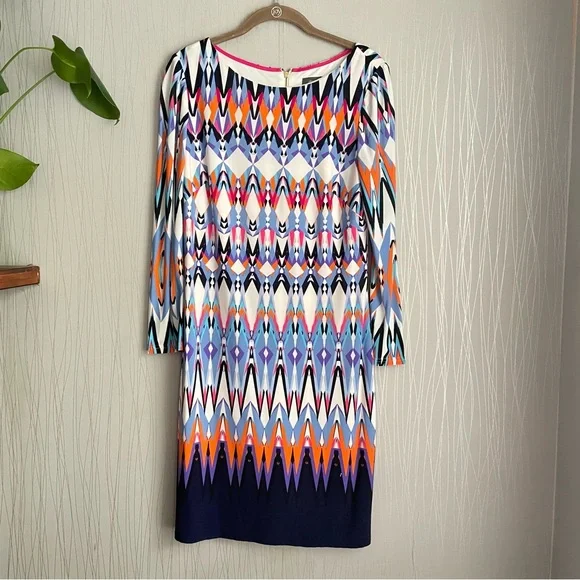Vince Camuto Dress Multi Color Geo Print Long Sleeve Sheath Size 6 - Picture 2 of 9